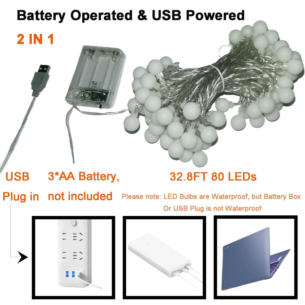 LOFTOLMEA Battery Operated & USB Powered 2 in 1 Globe String Lights, 32.8 FT 80 LEDs Fairy String Lights for Christmas Wedding Party Bedroom Indoor Outdoor, Warm White,10M80