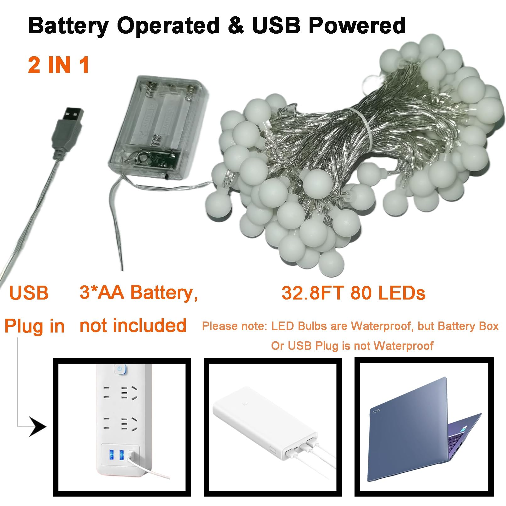 LOFTOLMEA Battery Operated & USB Powered 2 in 1 Globe String Lights, 32.8 FT 80 LEDs Fairy String Lights for Christmas Wedding Party Bedroom Indoor Outdoor, Warm White,10M80