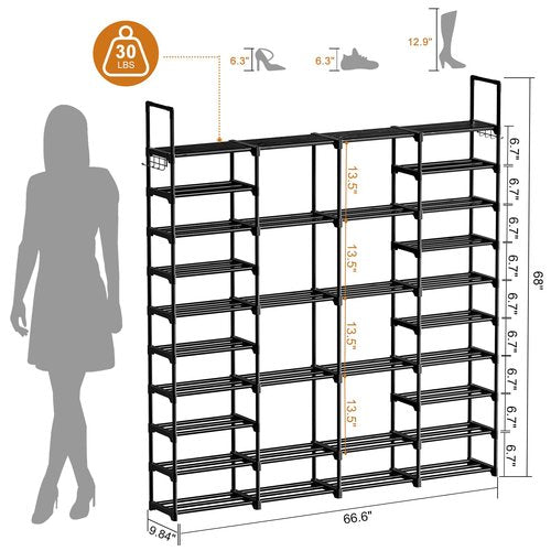 WOWLIVE 4 Row 10 Tiers Extra Large Shoe Rack Big Tall Metal Shoe Shelf, Heavy Duty Organizer for Closet Entryway, Boot Rack Storage Stackable Stand for Garage Black