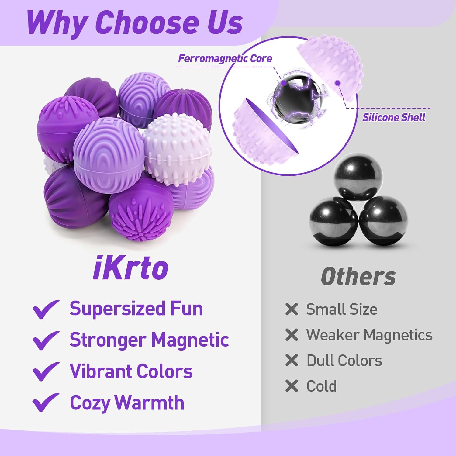 Skiennix Fidget Toys - Magnetic Stress Balls for Adults & Teens | 8 Silicone Stress Relief Toys with 4 Textures & Organizer Box (Lavender)