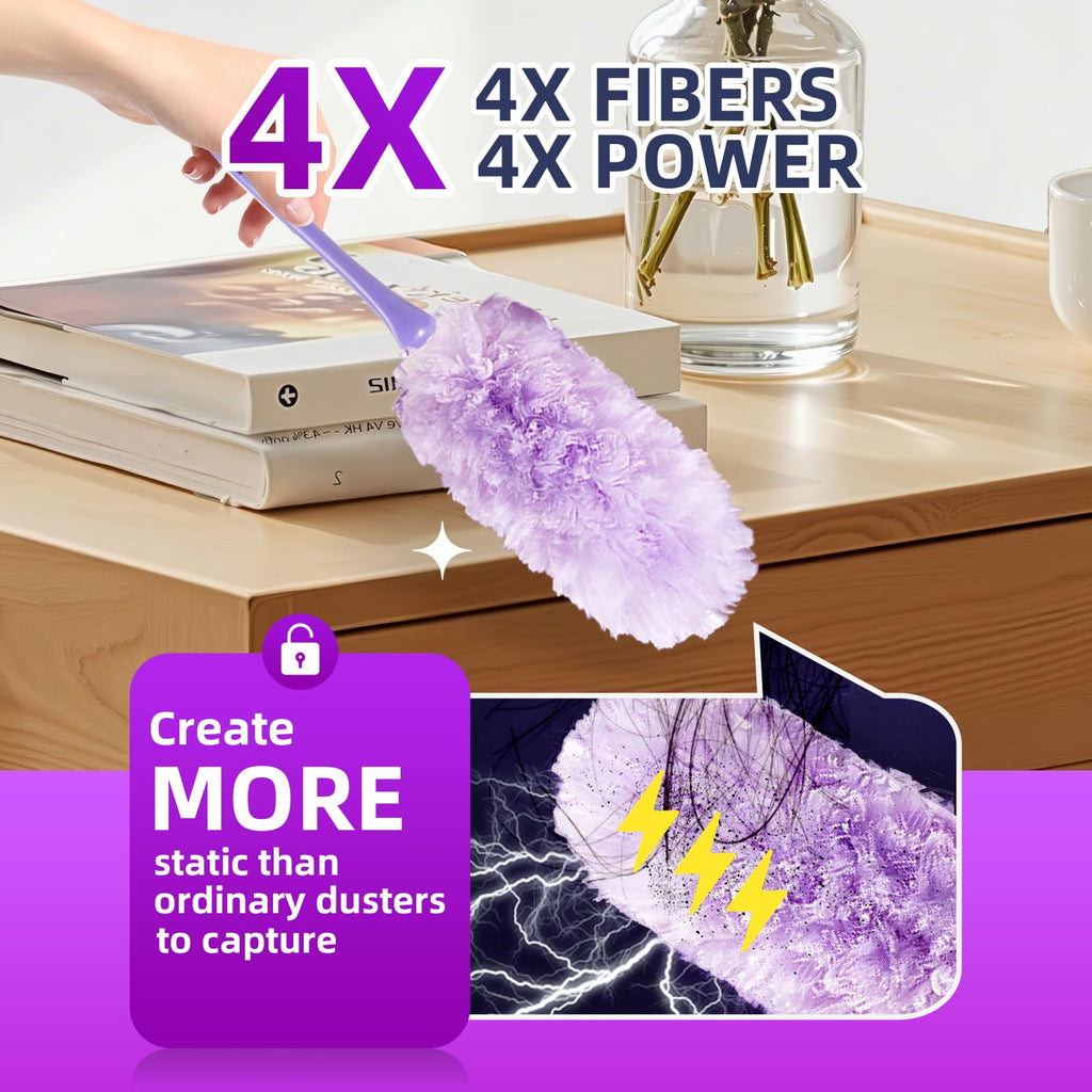 Chushe Duster Refills Compatible with Swiffer, 20 Count with 2 Handles, Heavy Duty 360° 4X Microfiber Stay-On Pads, Unscented Disposable Duster for Home Pet Hair Blinds Ceiling Fans Cleaning
