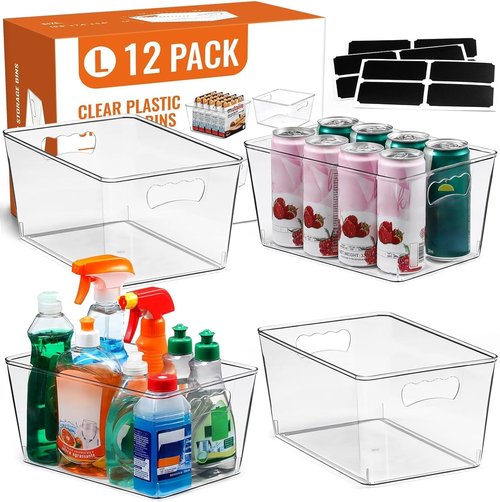 Clear Storage Bins - 12 Pack Large Organizer Bins with Handles & Labels for Home, Kitchen, Bathroom