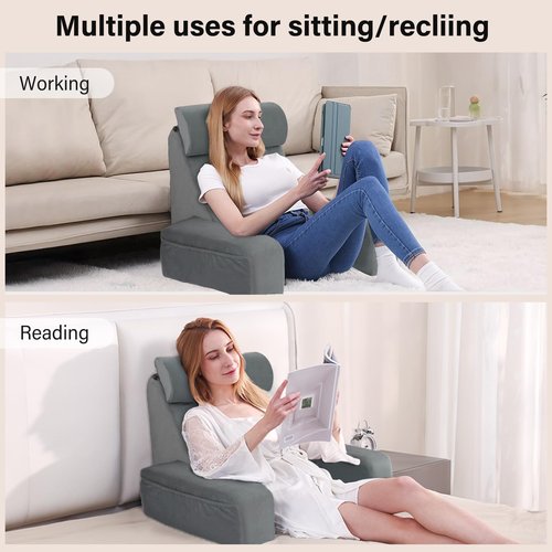 ENITYA 19" Back Support Pillow,Reading Pillow with Attached Arms & Large Pockets, Removable Washable Cover, Wedge for Sitting,Reclining,Watching TV,Post Surgery in Bed,Couch or Floor,Medium Firm,Grey