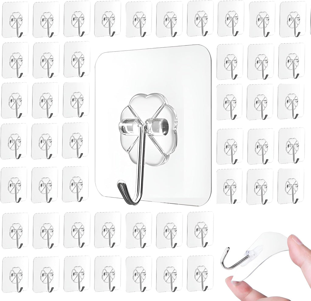 Adhesive Hooks - Heavy-Duty Self-Adhesive Transparent Wall Hooks for Bathroom & Kitchen | 50 Pack