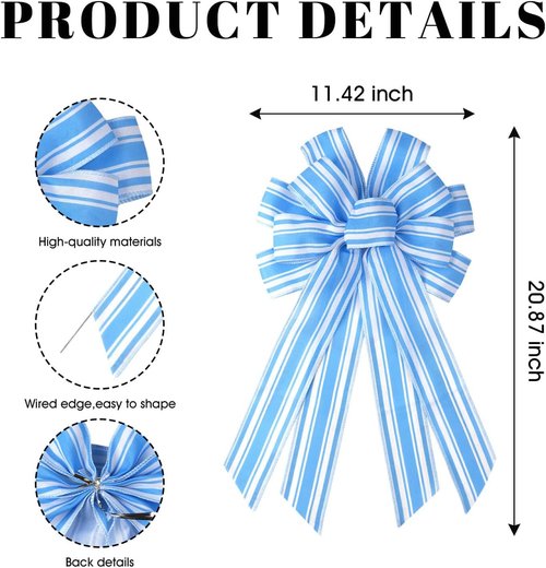 Blue White Striped Wreath Bow - Large 20x11 Inch Premade Baby Shower Decor | Summer Coastal Home Accent