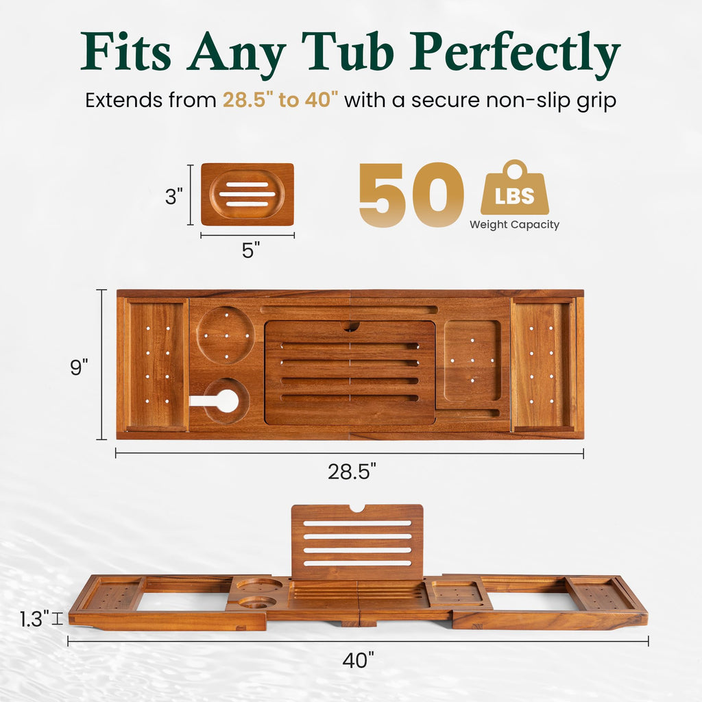 Realgulf Teak Bathtub Tray, Bath Caddy with Wine Glass Holder, Phone Dock & Book Stand | Hands-Free Reading & Ultimate Spa Relaxation Experience-Natural