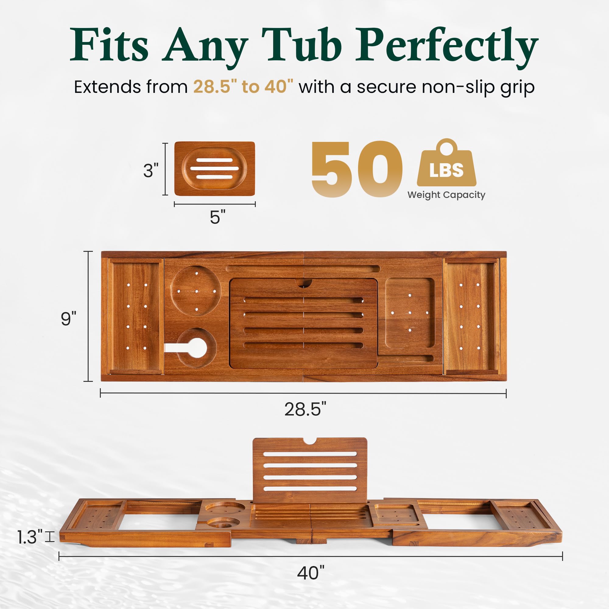 Realgulf Teak Bathtub Tray, Bath Caddy with Wine Glass Holder, Phone Dock & Book Stand | Hands-Free Reading & Ultimate Spa Relaxation Experience-Natural