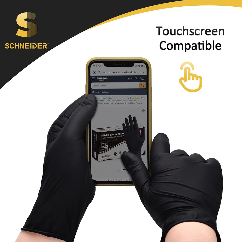 Schneider Nitrile Exam Gloves - Black Latex-Free, Powder-Free Disposable Gloves for Medical & Food Prep