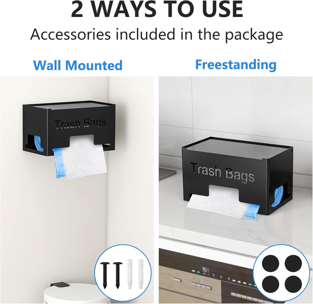STWWO Large Trash Bag Holder - Metal Garbage Bag Dispenser for Kitchen Storage | Wall Mounted or Freestanding, Black
