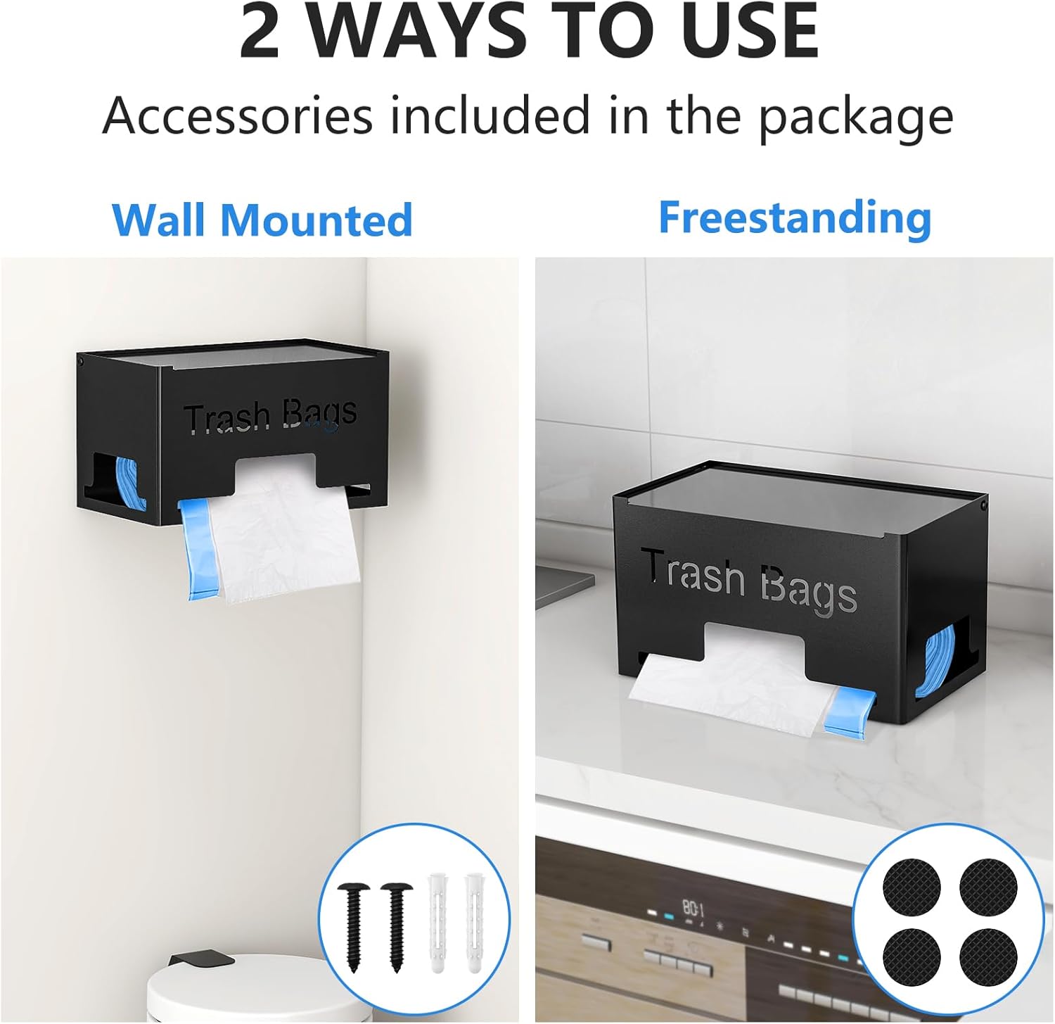 STWWO Large Trash Bag Holder - Metal Garbage Bag Dispenser for Kitchen Storage | Wall Mounted or Freestanding, Black