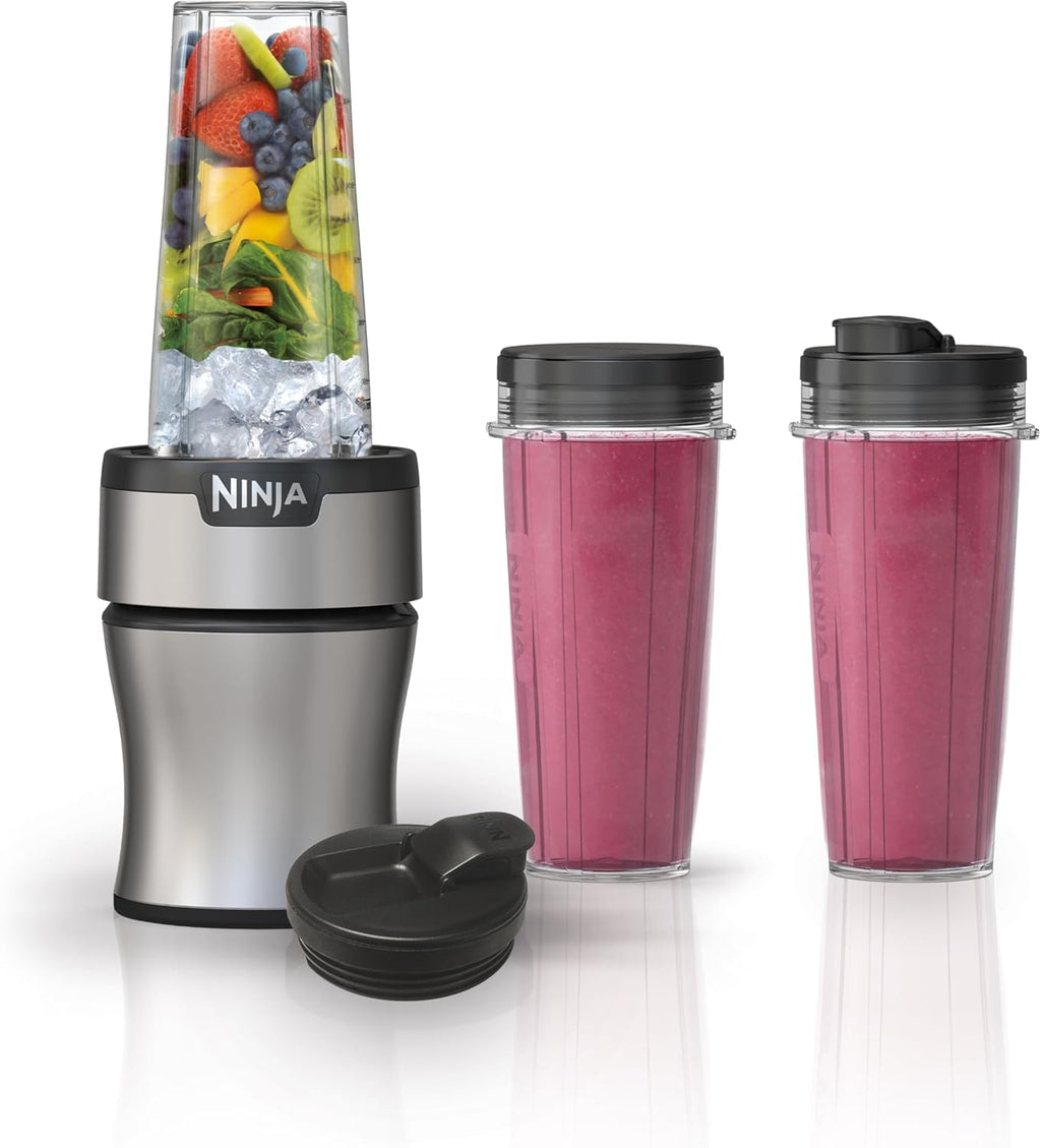 Ninja Nutri-Plus Personal Blender - Compact Push to Blend for Smoothies & Frozen Drinks | 900W | Silver | 3 To-Go Cups