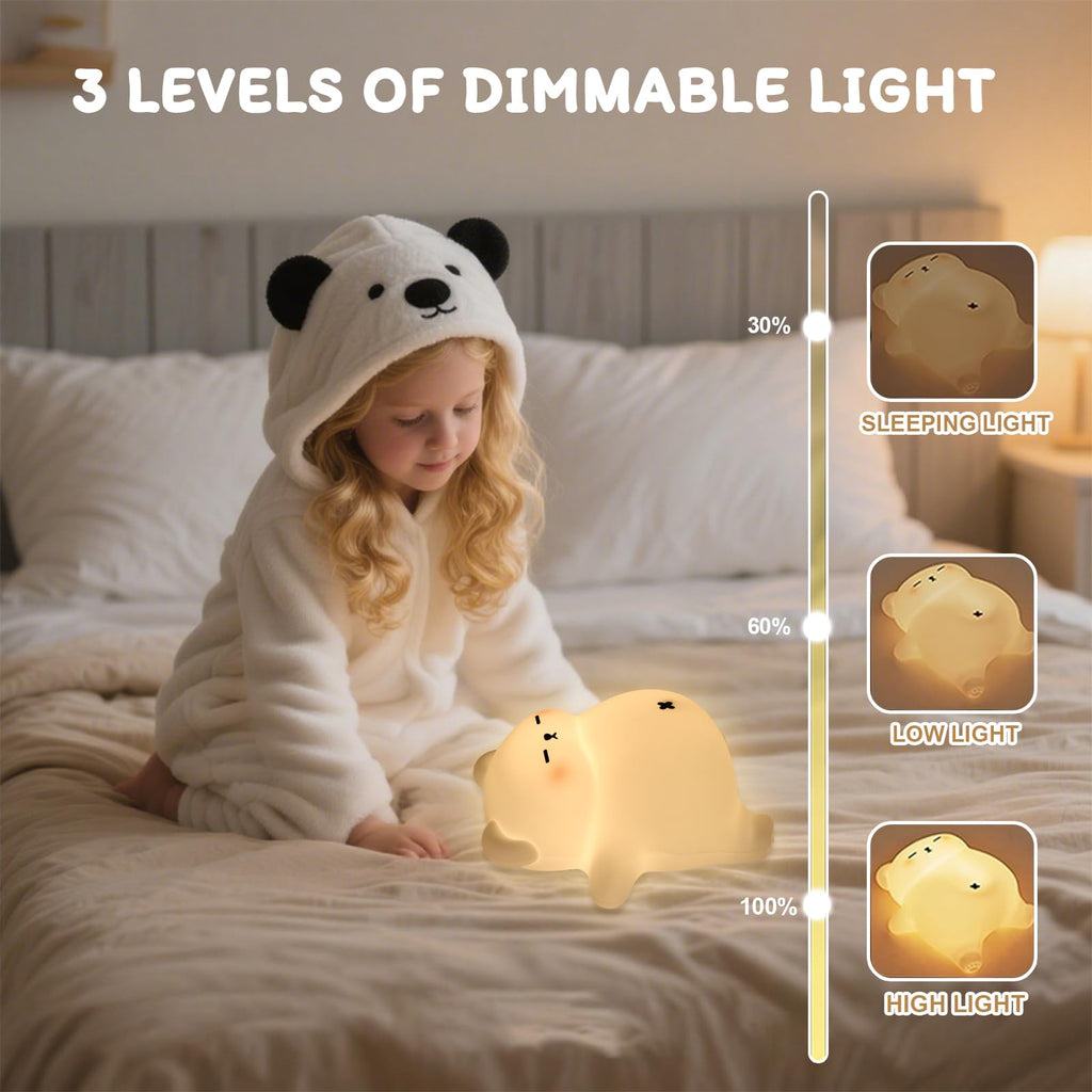 MAGOHMT Squishy Night Light for Kids, Bear Silicone Night Light - Rechargeable with Soothing Snore Sounds & Moving Tummy, 3-Level Dimming Touch Control