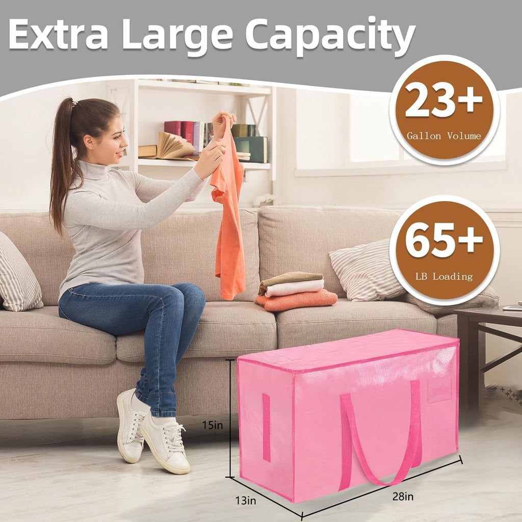 Skiennix Extra Large Heavy Duty Moving Bags - Waterproof Storage Totes with Zippers & Handles | 8 Pack (Pink)