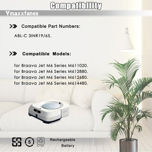 Vmaxxfanee for Roomb Replacement Lithium Ion Battery ABL-C Compatible with braava Jet M6 Series M611020 M612680 M612880 M614480 3INR19/65 10.8V 1775mAh 19Wh