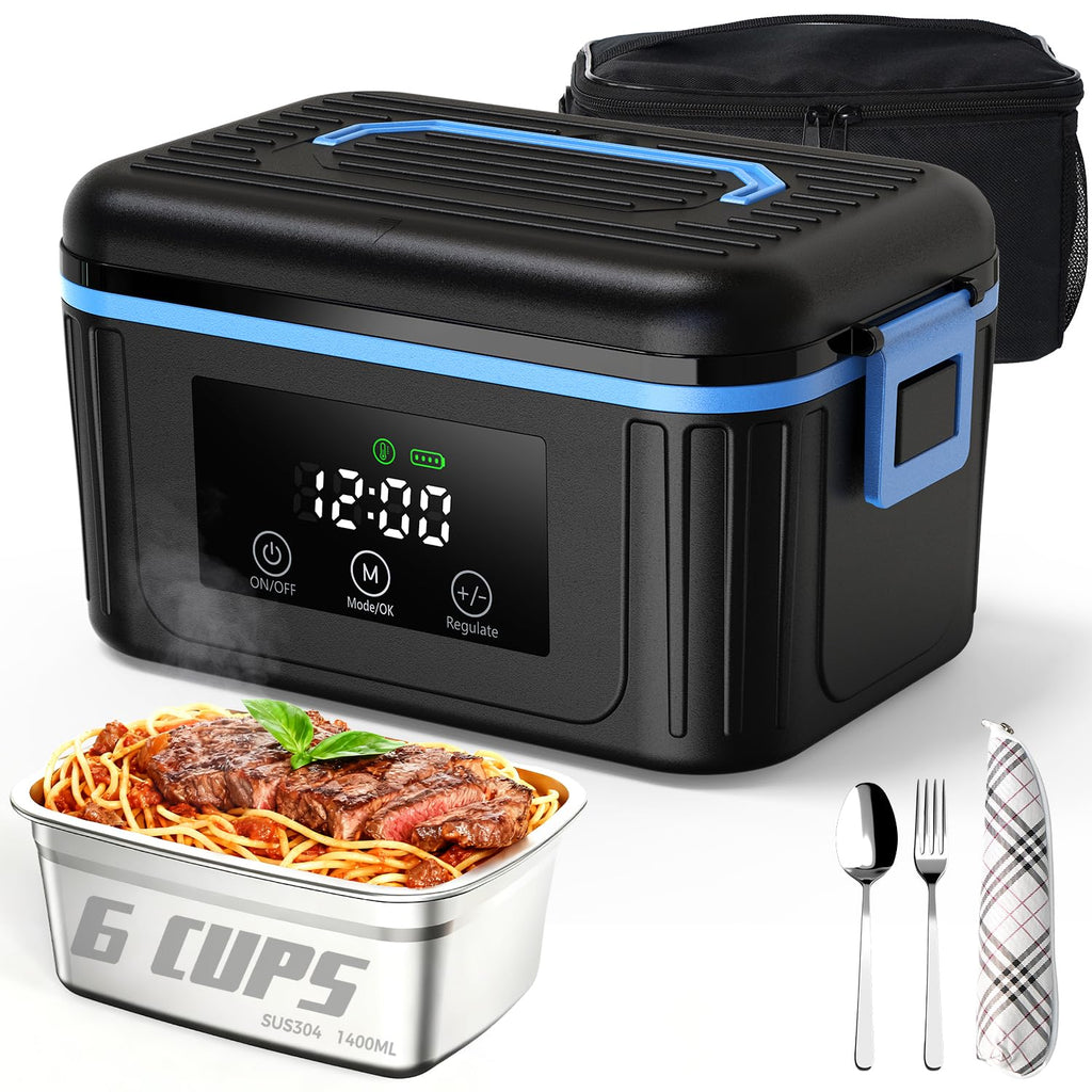 POFABIK Cordless Electric Lunch Box for Adults, Heated Lunch Box for Men, 6 Cups Self Heating Lunch Box, Battery Powered, 304 Stainless Steel, 18000mAh, Portable Food Warmer with Insulated Carry Bag