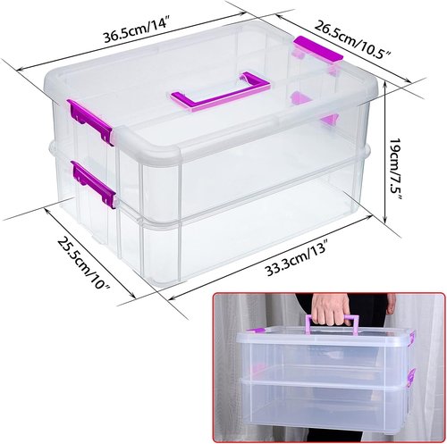 JUXYES Stackable Storage Box - 2-Tier Transparent Design with Handle for Office & School Supplies