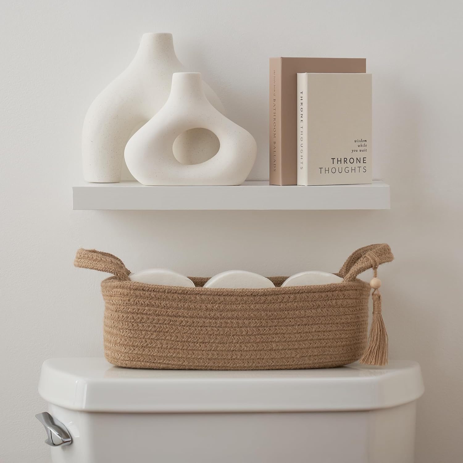 Skiennix Decorative Toilet Paper Basket - Stylish Bathroom Organizer for Tank Storage | Boho Jute Cotton Rope with Tassel