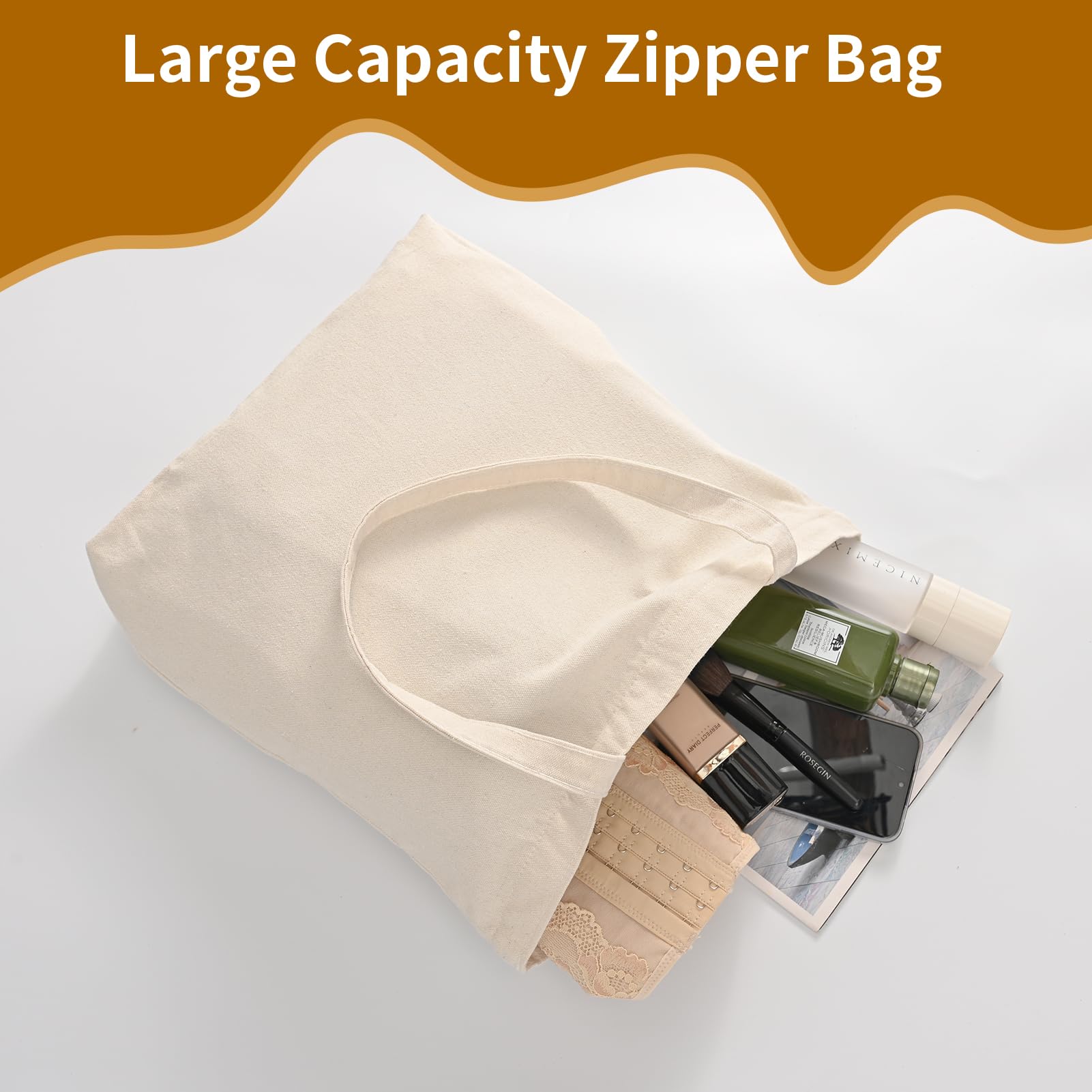 10 Pack Canvas Tote Bag with Zipper, OLSUNOR Reusable Grocery Bags with Long Handle, DIY Heat Transfer Sublimation Blanks Shopping Bags for Advertising, Birthday, New Year, Valentine's Day (Off-white)