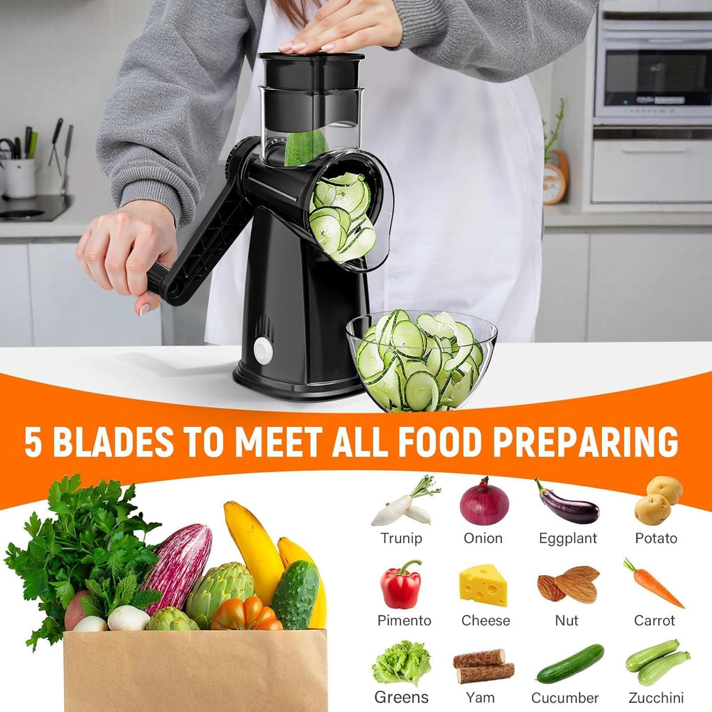 Skiennix 5-Blade Rotary Cheese Grater - Hand Crank Vegetable Chopper & Slicer with Suction Base | Black