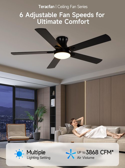Teracfan 52 Inch Black Ceiling Fans with Lights, RGB Ceiling Fan with Remote and App,Flush Mount Low Profile, Dimmable 35W LED, Reversible, Smart Ceiling Fan for Bedroom Nursery Living Room Apartment