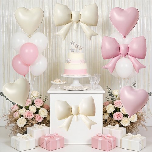 20 PCS Pink Cream Heart Balloons, Pink Bow Balloons, 18 Inch Heart Shaped Balloon 21 Inch Bow Balloon for Girls Women Birthday Valentines Wedding Engagement Galentine's Day Bridal Baby Shower Party
