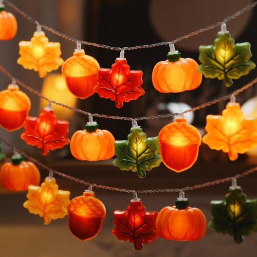 LOLStar Fall Decor Lights, 9.8FT 20 LED Thanksgiving String Lights, Battery Operated (Not Included) with Timer Function and 8 Flash Modes, Pumpkin, Maple Leaf, Acorn Light for Autumn Home Indoor Decor