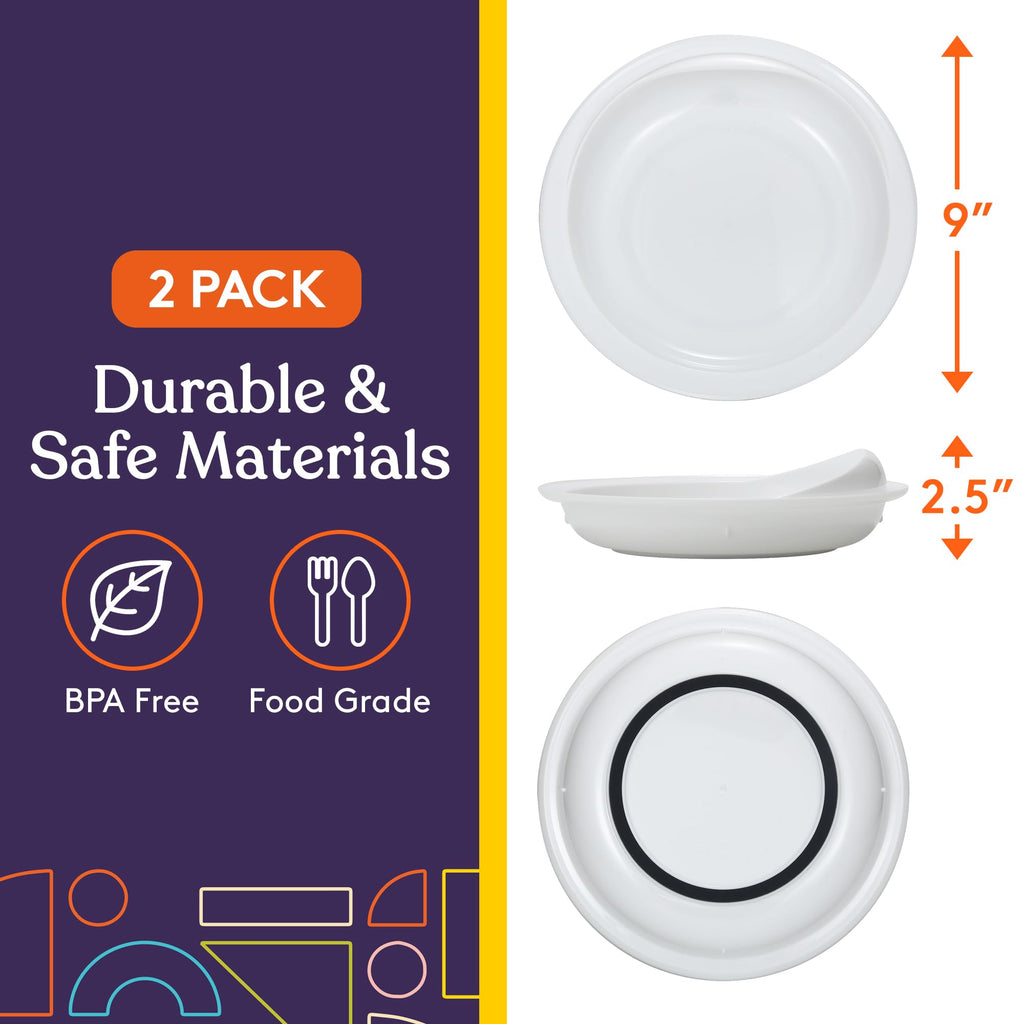 Special Supplies Adaptive Spill-Proof Scoop Plates- Dishes with Wall for Disabled, Handicapped, Elderly Adults with Special Needs from Parkinson's, Arthritis, Dementia, Stroke, Tremors- 2 Pack (White)