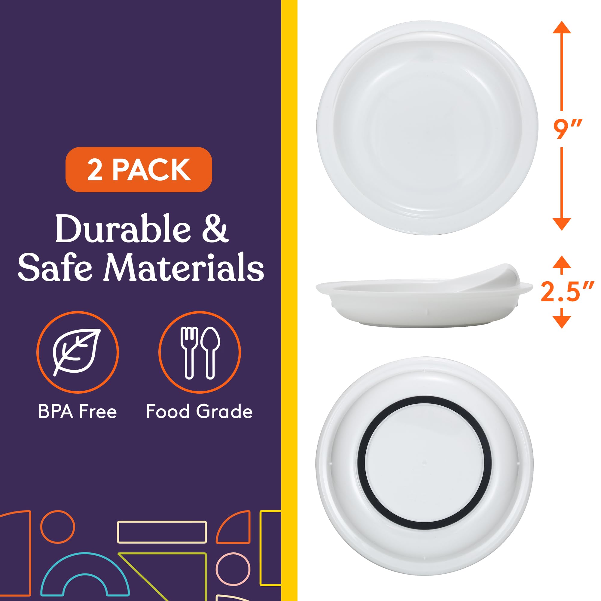 Special Supplies Adaptive Spill-Proof Scoop Plates- Dishes with Wall for Disabled, Handicapped, Elderly Adults with Special Needs from Parkinson's, Arthritis, Dementia, Stroke, Tremors- 2 Pack (White)