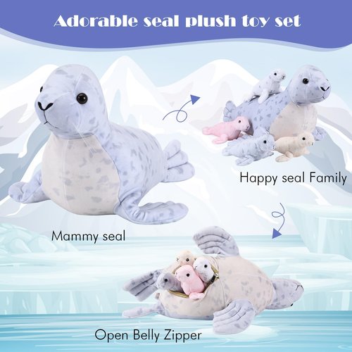Hollowfly 5 Pcs Seals Plush Set 18" Large Seals Pillow with 4 Cute Babies Stuffed Animal in Zippered Belly Nurturing Plushes Toy Gift for Kids Adults Birthday Christmas Holiday Part