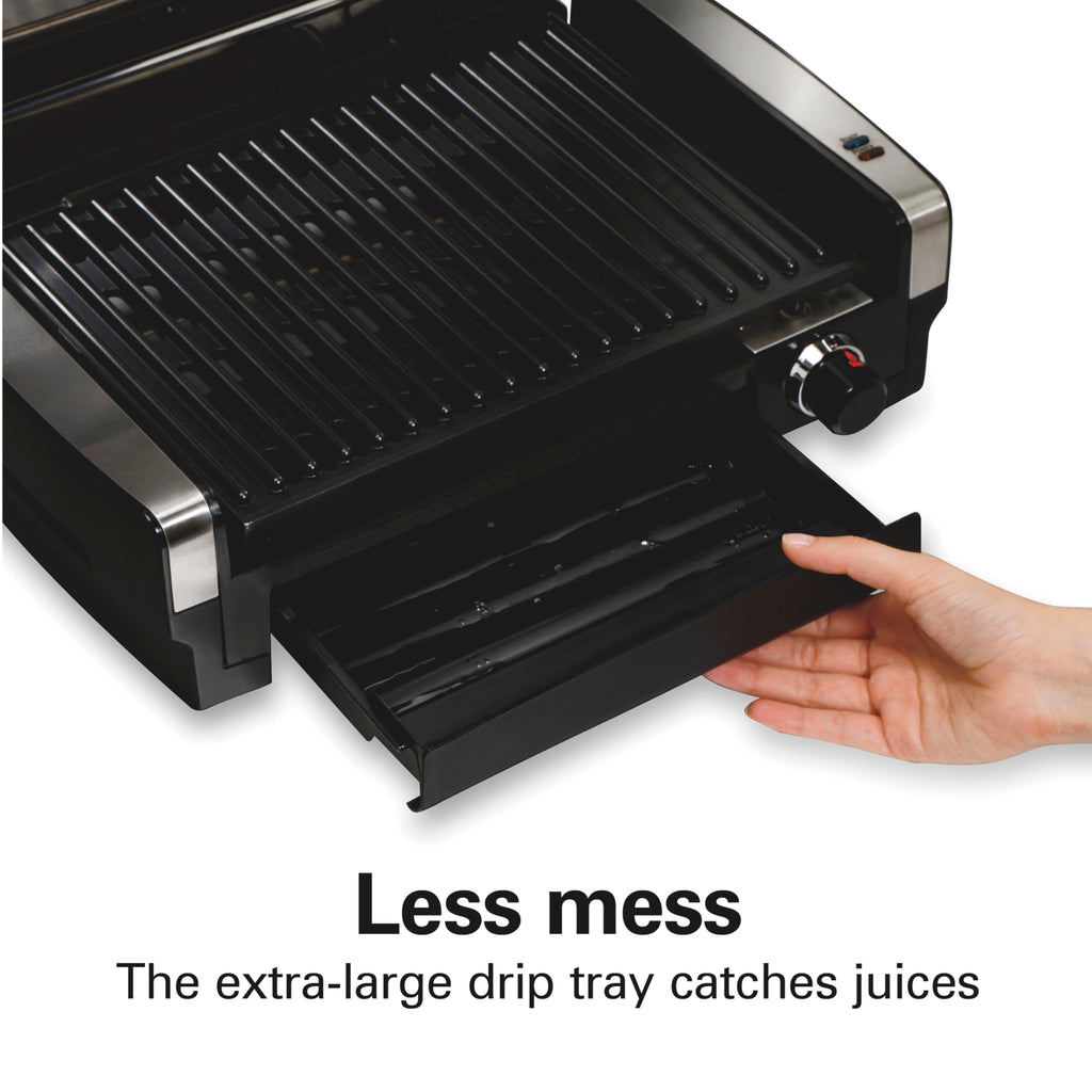 Hamilton Beach Electric Indoor Searing Grill with Adjustable Temperature Control to 450F, 118 sq. in. Surface Serves 6, PFAS-Free Removable Nonstick Grate, Stainless Steel (25360)