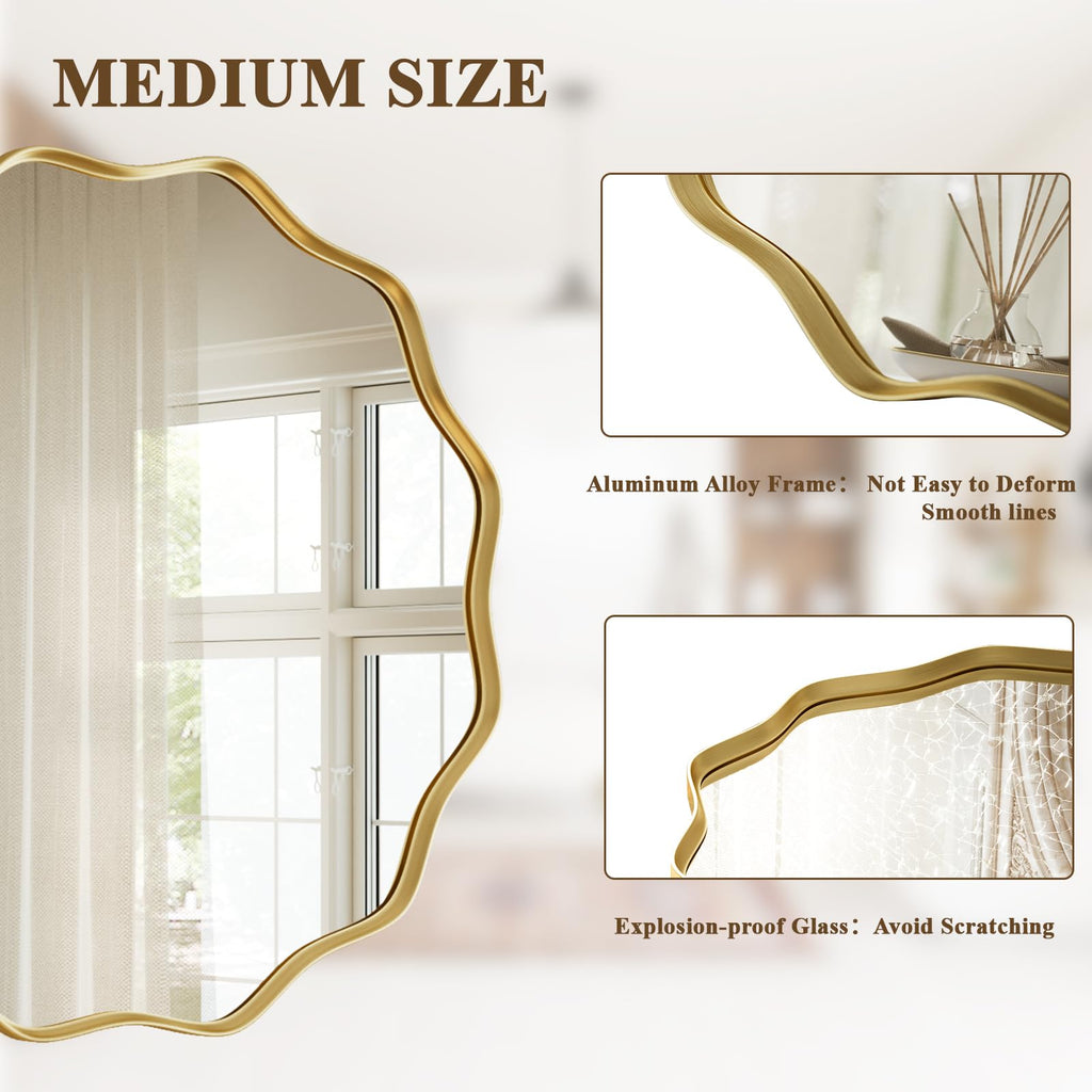 VooBang Gold Scalloped Circle Mirror, 24" Wavy Edge Round Wall Mirror with Tempered Glass Textured Circular Metal Deep Frame, Hanging Leaning for Bathroom, Hallway, Entryway, Livng Room