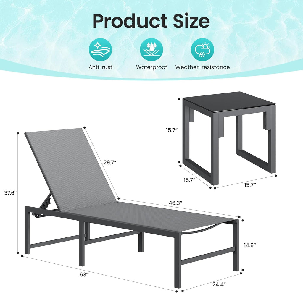 Amopatio 3-Piece Patio Lounge Chair Set - Adjustable Outdoor Chaise Lounge with Side Table | Weather-Resistant, 400 LBS Capacity (Gray)