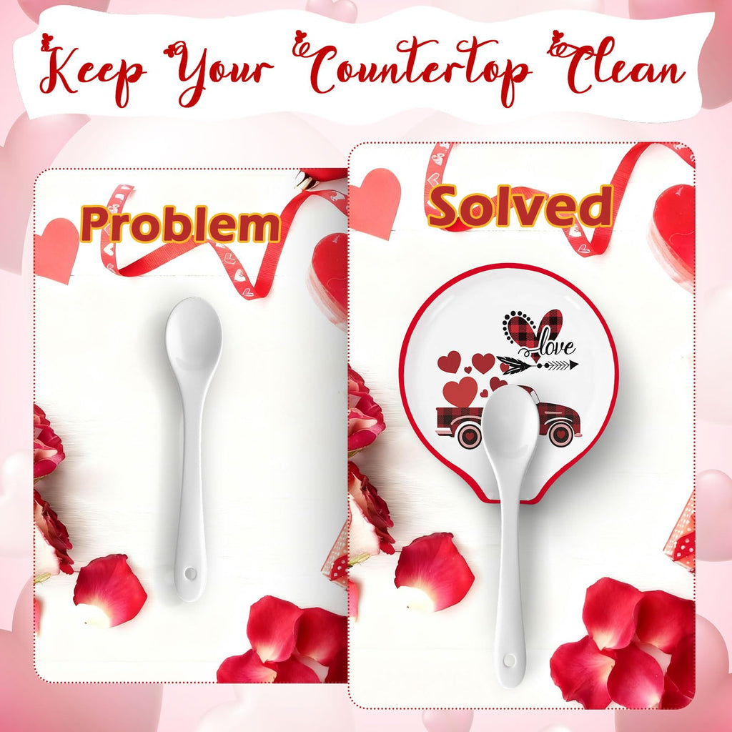 4.7inch Valentine Ceramic Spoon Rest Red Plaid Truck Heart Love Coffee Spoon Holder for Valentine's Day Coffee Stirrers Teaspoon Bar Coffee Station Accessories