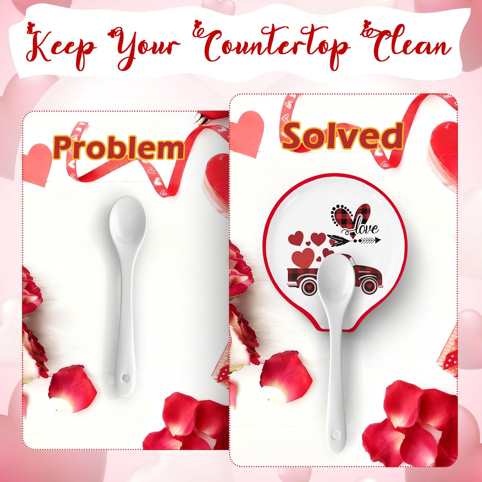 4.7inch Valentine Ceramic Spoon Rest Red Plaid Truck Heart Love Coffee Spoon Holder for Valentine's Day Coffee Stirrers Teaspoon Bar Coffee Station Accessories