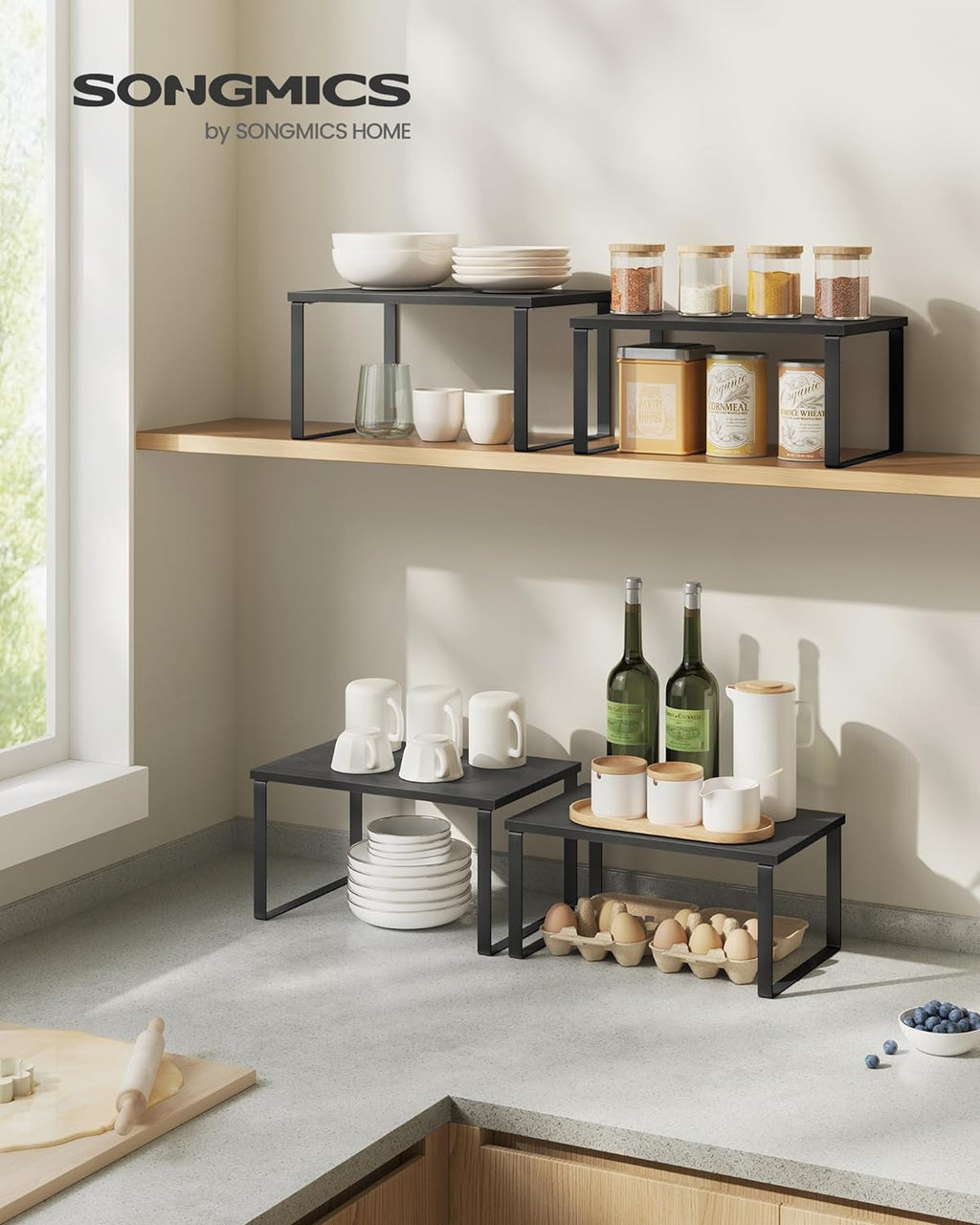 SONGMICS Kitchen Organizer Shelves - Set of 4 Stackable & Expandable Spice Racks | Ink Black & Ebony Black