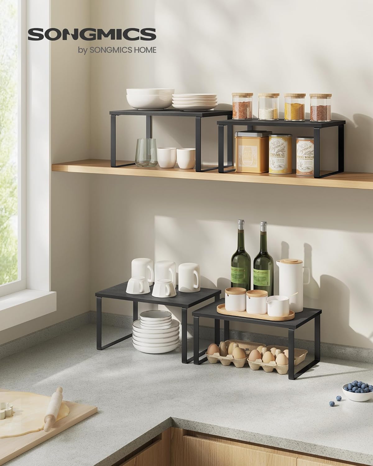 SONGMICS Kitchen Organizer Shelves - Set of 4 Stackable & Expandable Spice Racks | Ink Black & Ebony Black