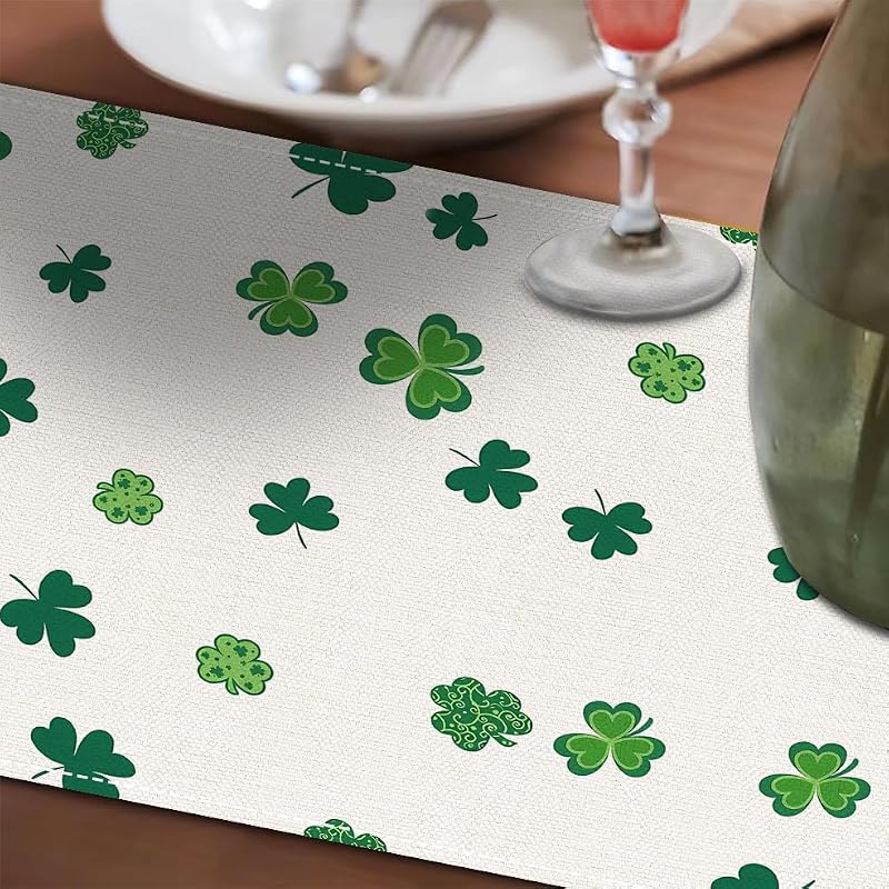 St. Patrick's Day Table Runner - 72x13 Inch Shamrock Linen Decor
