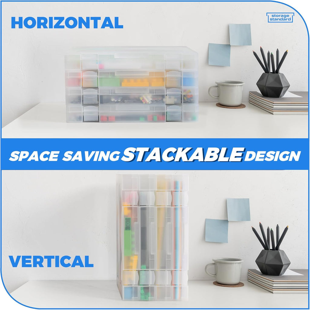 Skiennix 4-Pack Art & Craft Organizer Storage Case - Semi-Transparent Stackable Plastic Containers | Custom Fit for 8.5 x 11 Paper, 12.4 x 10.8 x 1.7 In
