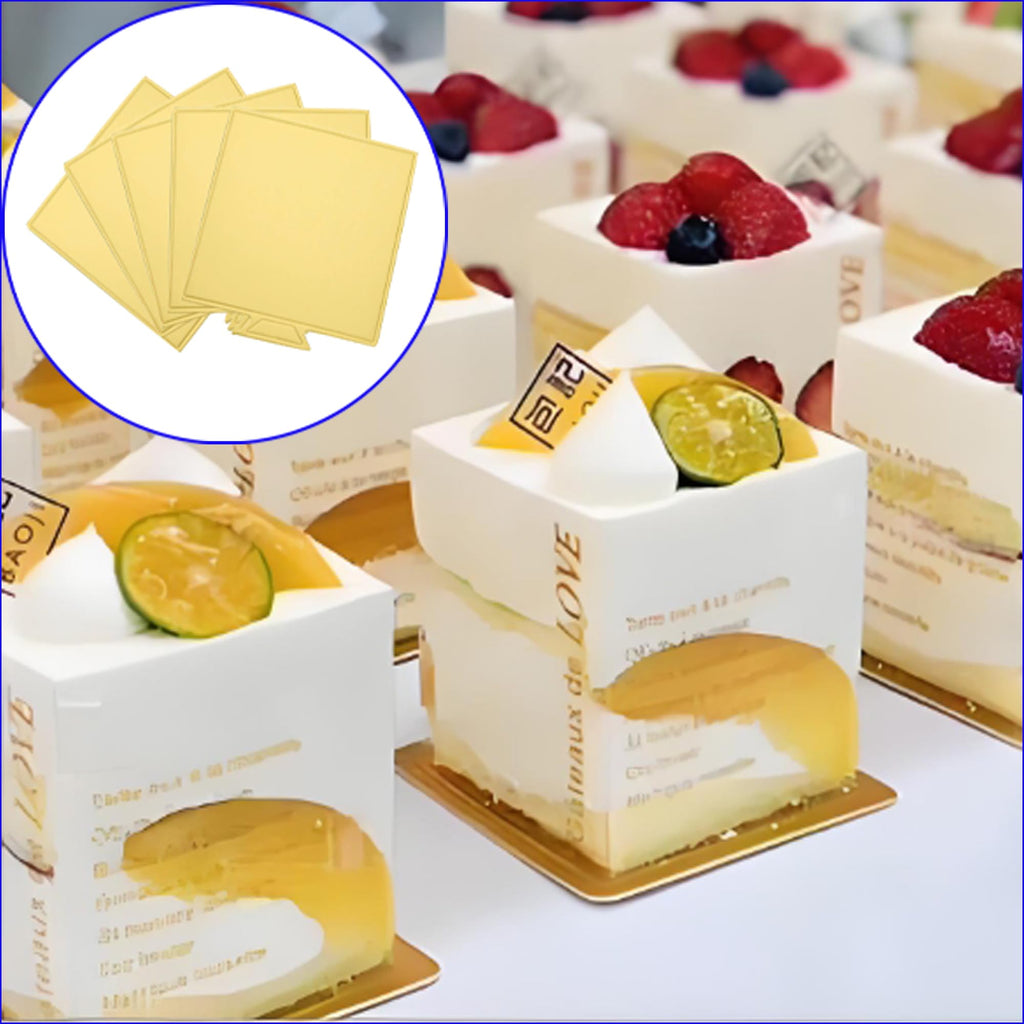 Gold -Square 100pcs 3.6'' Mini Cake Boards Mousse Cupcake Base, Food Grade Cardboard for Cupcakes- for Wedding, displaying cupcakes, mini cakes, Anniversary, Birthday Parties and other pastries.