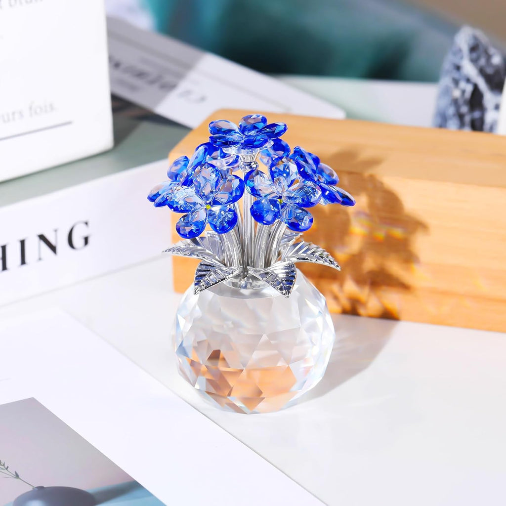 YWHL Blue Crystal Forget-Me-Not Flowers | Handmade Glass Bouquet Figurine for Tabletop Decor