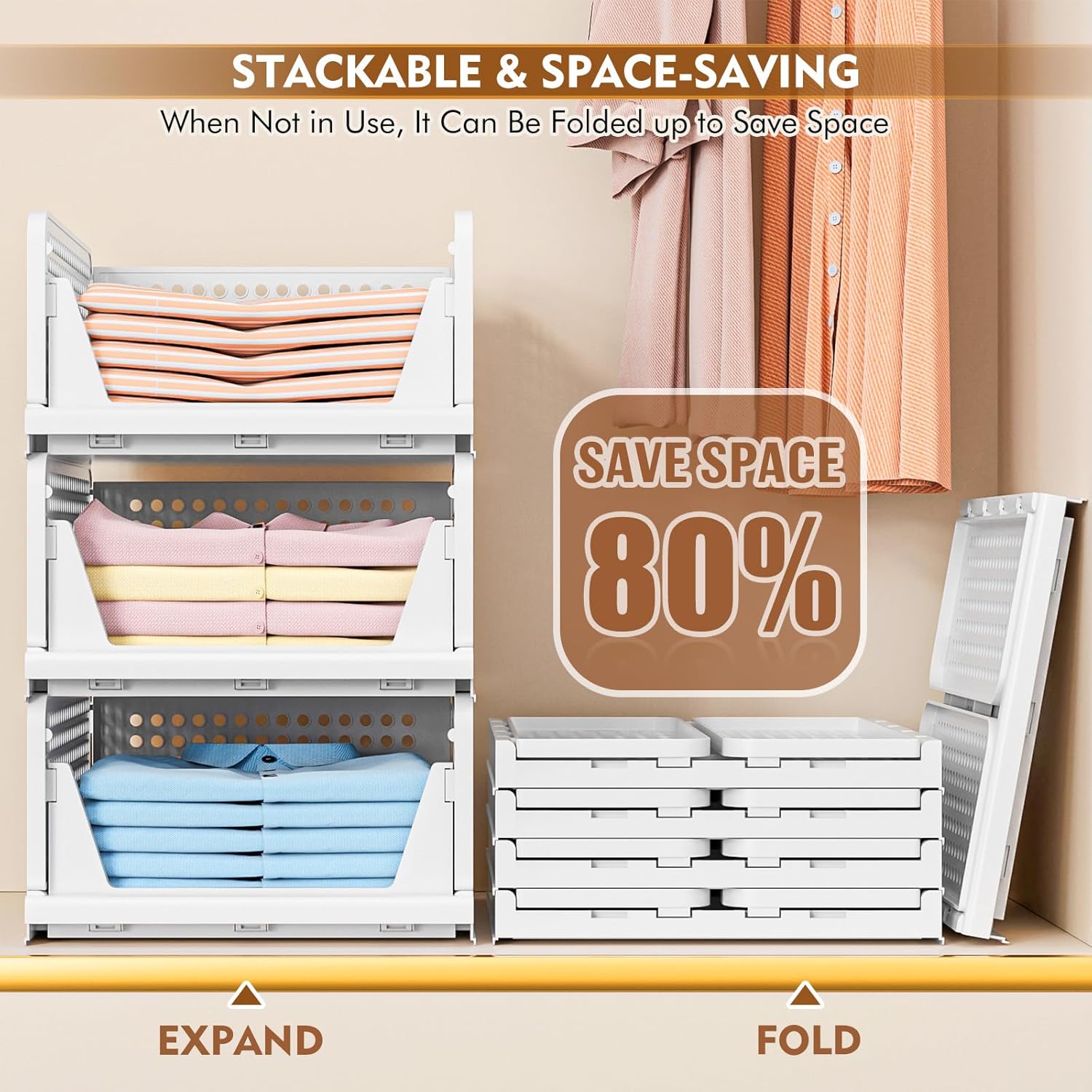 Skiennix Wardrobe Storage Organiser - 5 Pack Stackable Folding Closet Bins | Plastic Drawer Baskets in White