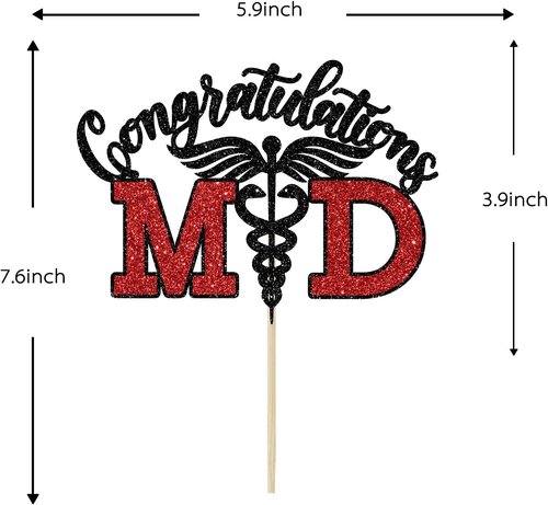 Congratulations MD Cake Topper - Black & Red Glitter Graduation Decoration for Medical School