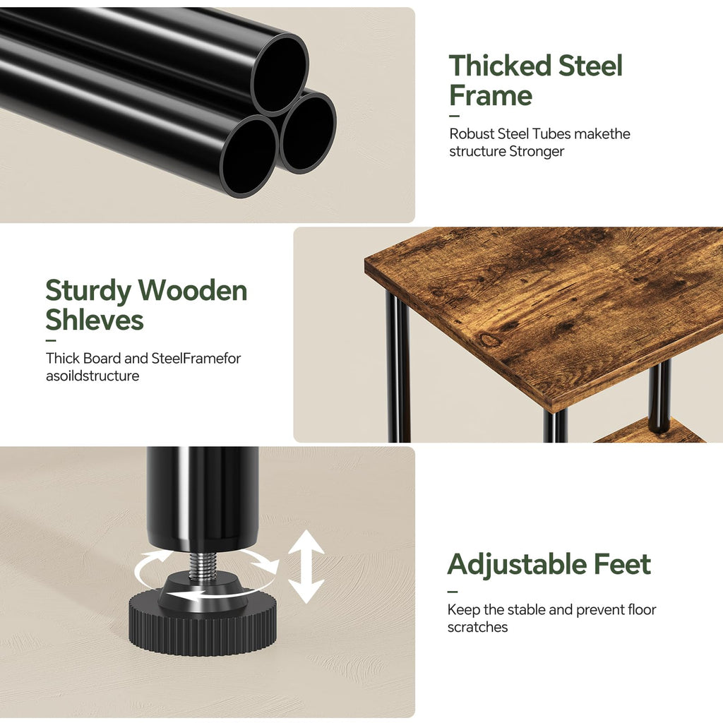 Simple Trending Side Table, Small End Table Living Room, Nightstand with 2 Tier Storage Shelves, Rustic Brown
