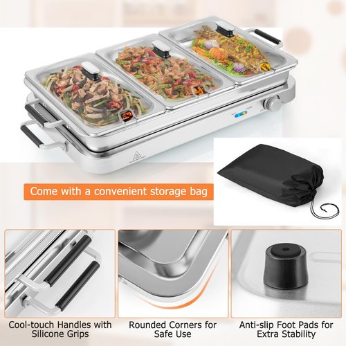 CLEEMAN Buffet Server & Food Warmer, 2-in-1 Electric Buffet Warmer with Adjustable Heat, 3 Food Pans with Lids, 8 Qt Stainless Steel Chafing Dishes, Warming Trays for Buffets Party Banquets Catering