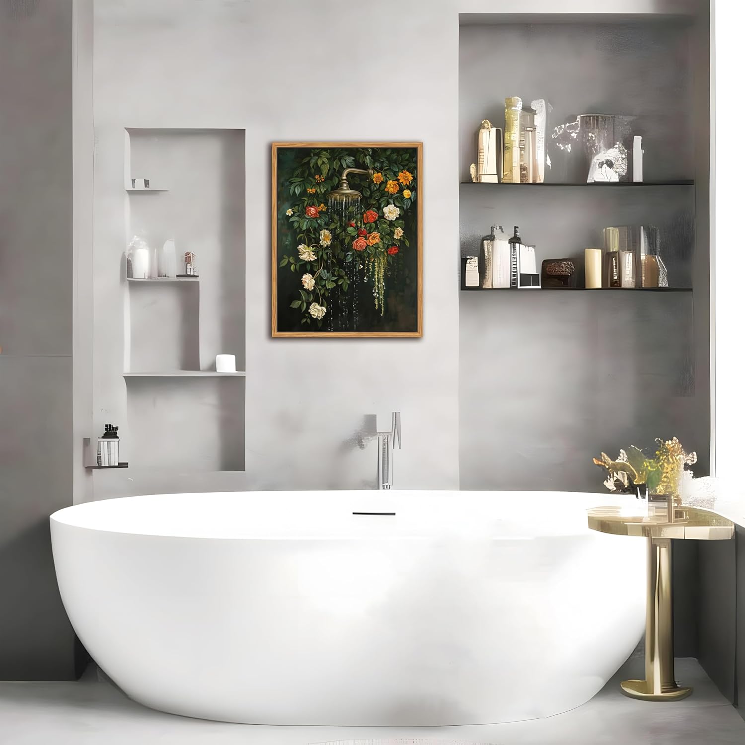 Skiennix Floating Framed Floral Shower Wall Art - Vintage Botanical Canvas Print | Romantic Garden Roses & Waterfall Painting | 12x16 Inch Nature-Inspired Bathroom Decor