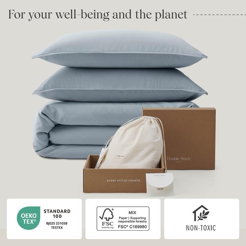 Double Stitch Cotton Tencel Duvet Cover - Queen Size Comforter Cover, Luxury & Soft Eucalyptus Lyocell Bedding Set for Hot Sleepers, Cooling & Breathable, Button Closure, Sterling Blue, 90"x90"
