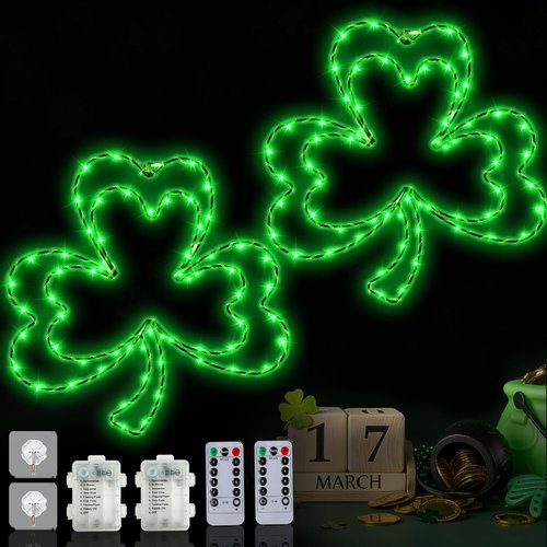 LAIAMER 2 Pcs Light Up Shamrock for Window, 13'' Shamrocks Windows Lights St Patricks Day Window Decor Shamrock Lights Battery Operated with Timer & 8 Modes, Clover Decor Green Light for St Patricks