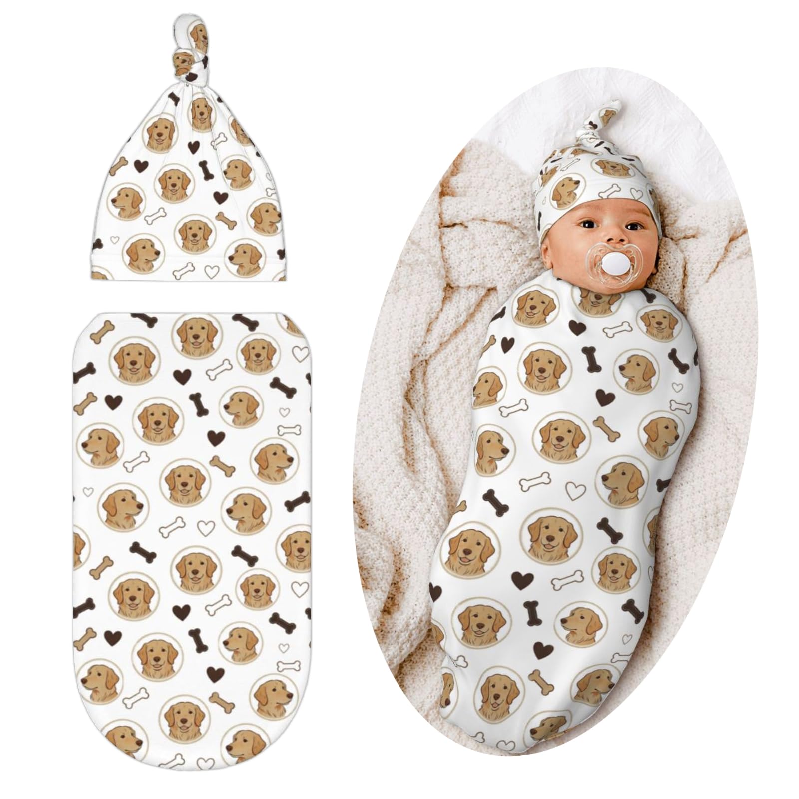 Qwalnely Golden Retriever Swaddle Blanket with Hat for Baby, Dog Theme Swaddling Baby Stuff