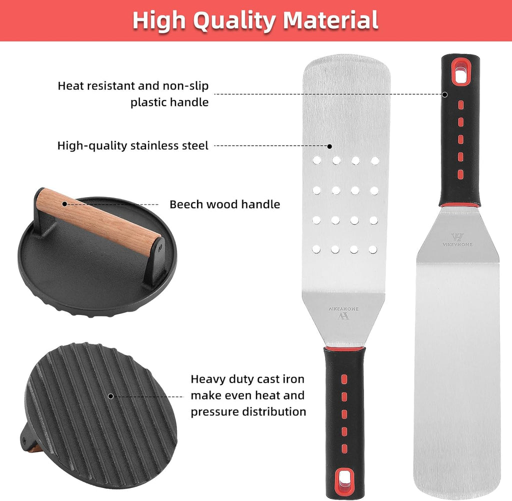 VIKEYHOME Griddle Accessories Kit - 28 Pcs Flat Top Grill Set with Spatula, Tongs & Egg Ring