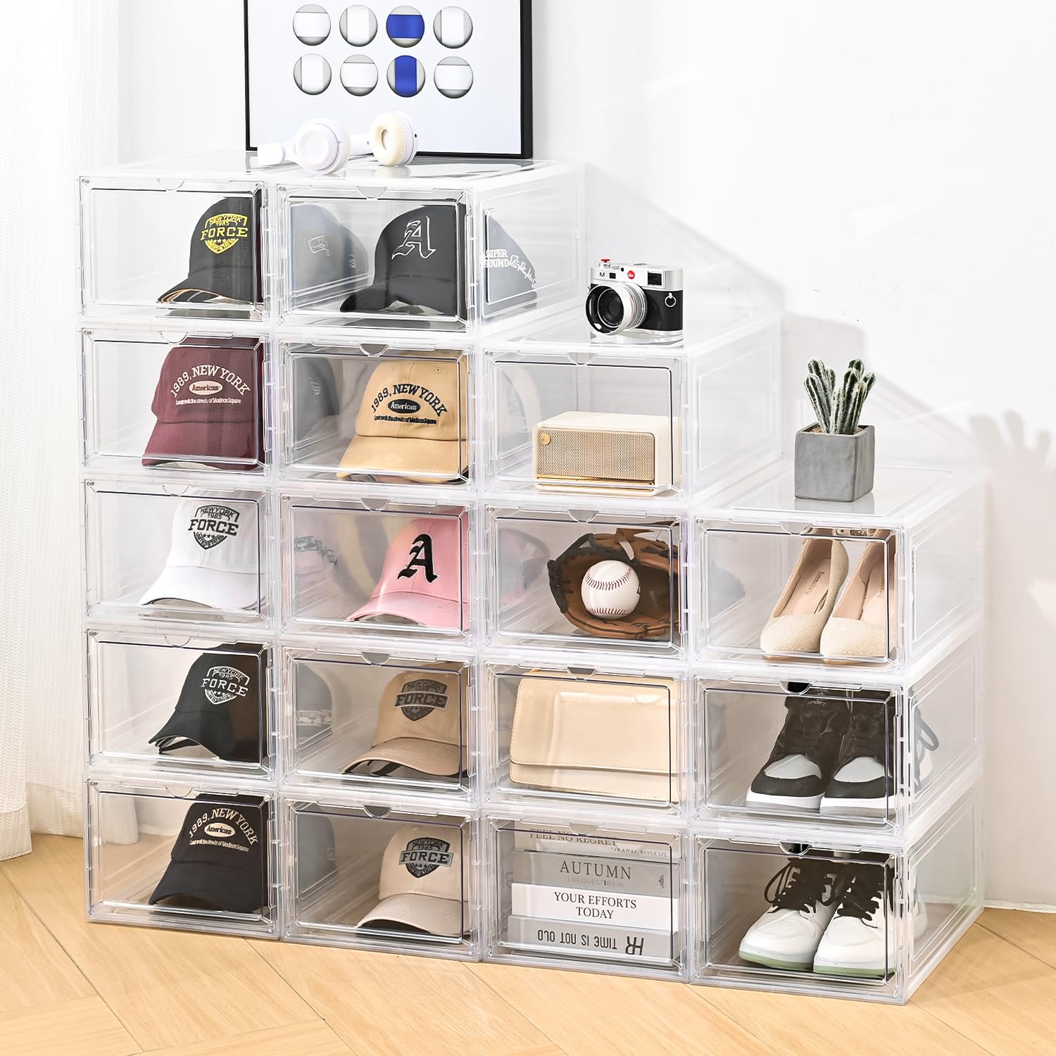 beehomay Hat Organizer Box,Stackable Clear Baseball Caps Holder Box Containers with Magnetic Door for Hats Snapback Cap Storage,Clear Hat Storage with Magnetic Door, Holds 20 Hats(clear, 2 pack)